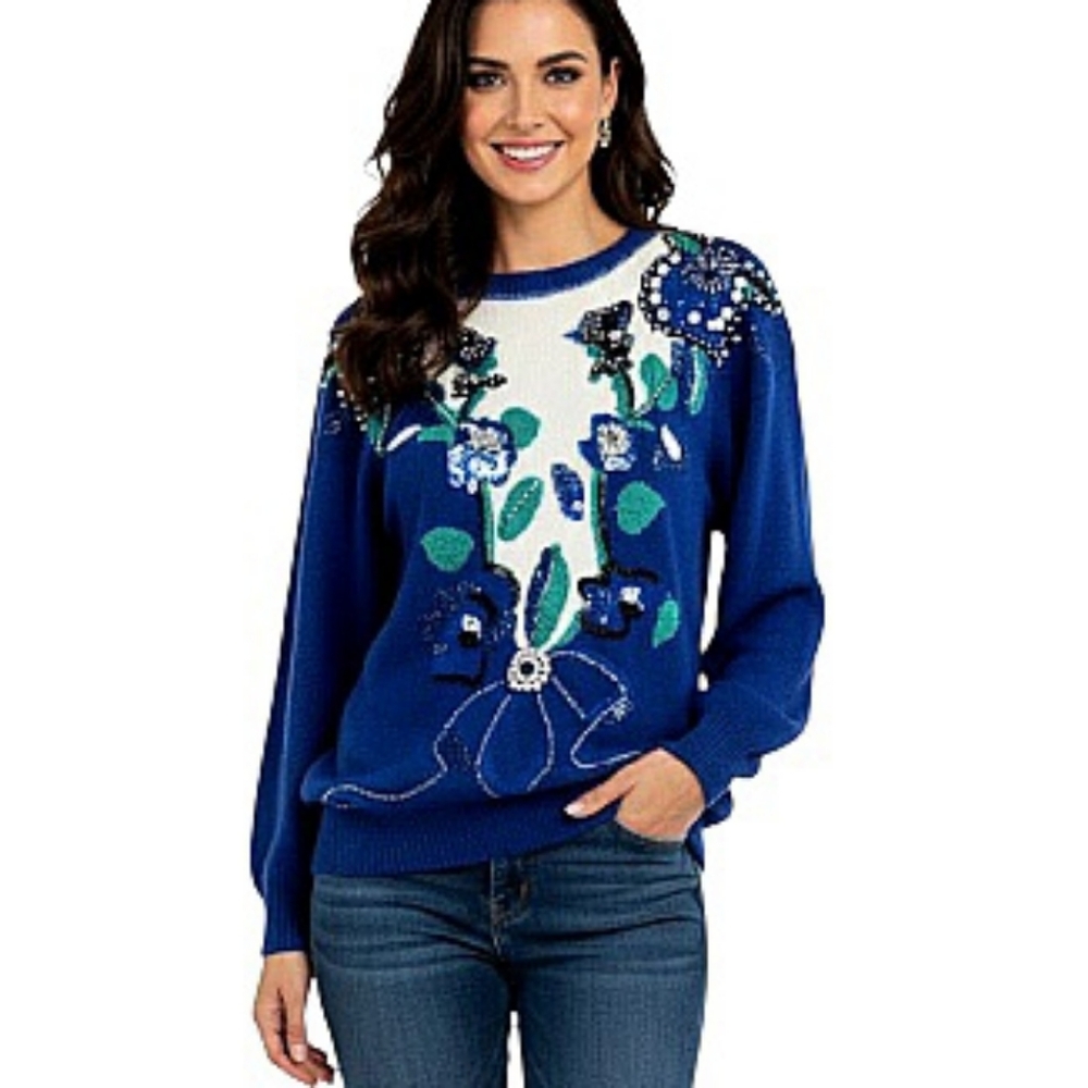 Shannan Vintage Angora Wool Blend Embellished Royal Blue Sweater Sz Medium